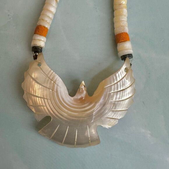 Vintage Carved Mother of Pearl Thunderbird Necklace Heishi Beads - Picture 2 of 13